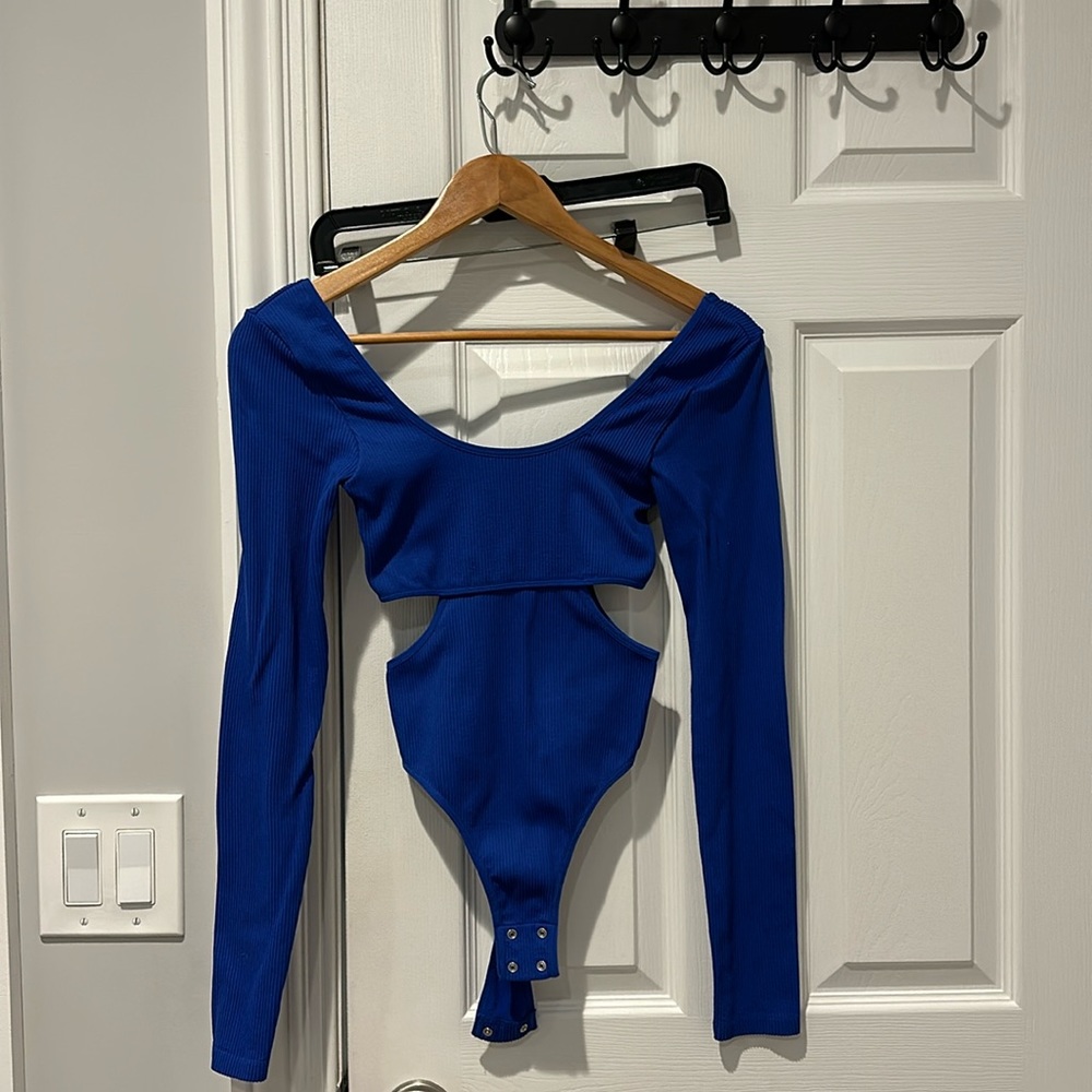Garage Blue Ribbed Bodysuit with Cutouts